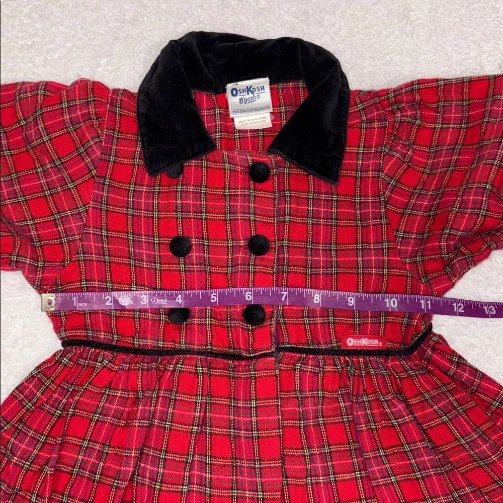 Vintage OshKosh B'gosh Red long sleeve Plaid black velvet trimmed dress girls 5